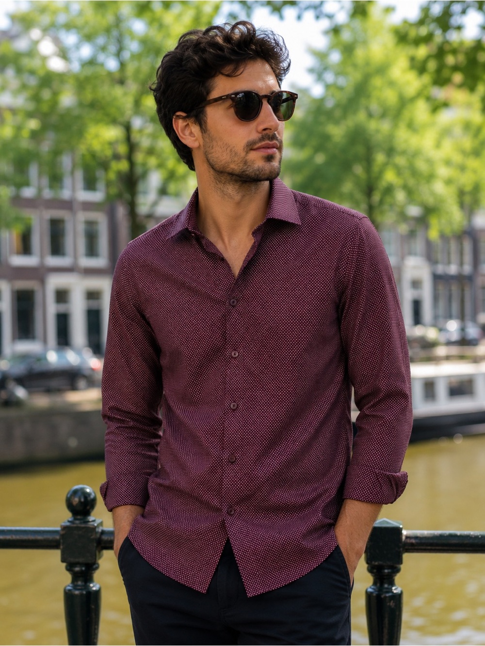 Azaro Uomo Slim Fit Dress Shirt NWT Burgundy Micro Dot 3XL